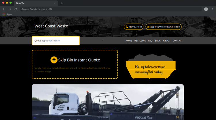 West Coast Waste company website showcase in browser